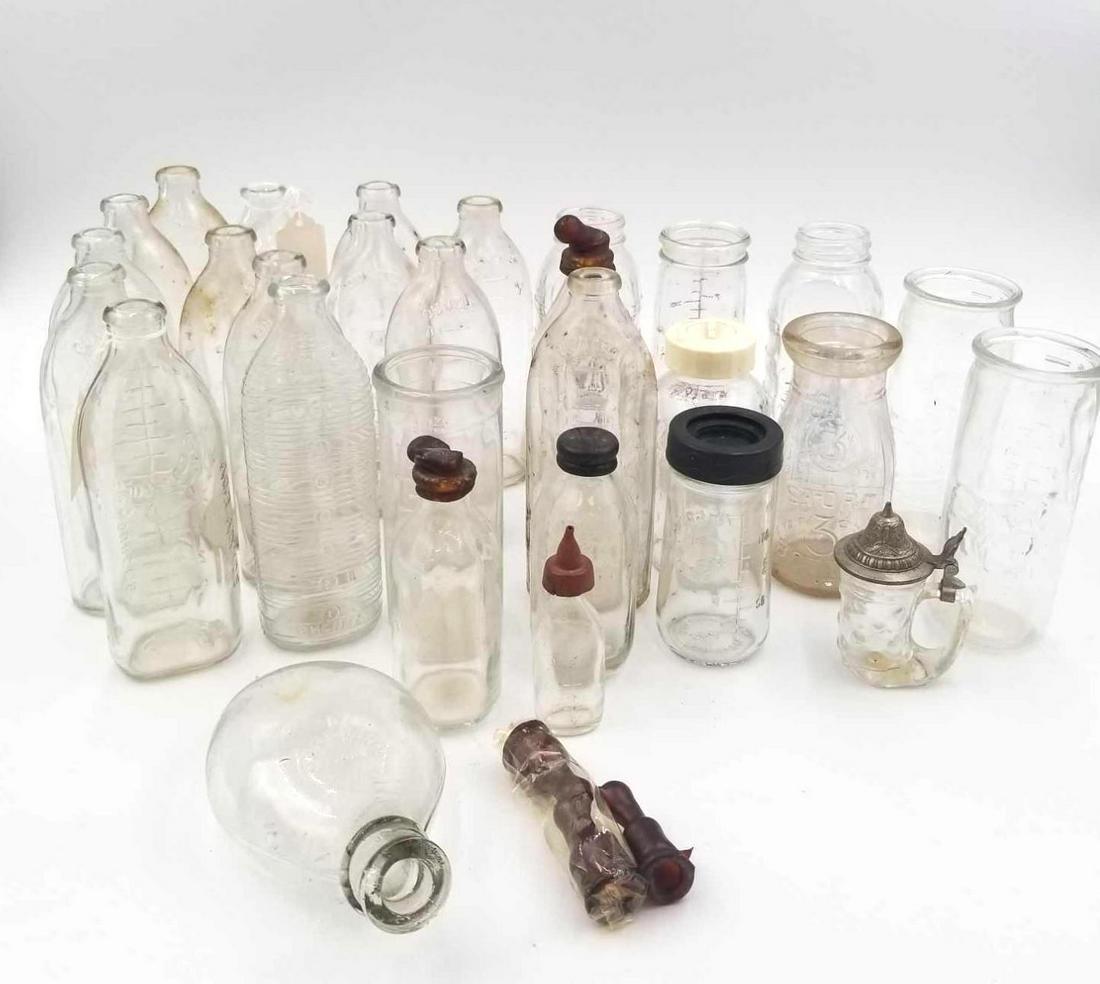 Vintage baby bottles Collection: Set of various early 1900's baby bottles and nipples, including a "turtle" style nursing bottle. Wonderful for crafts, herb and art displays, or other modern uses.
