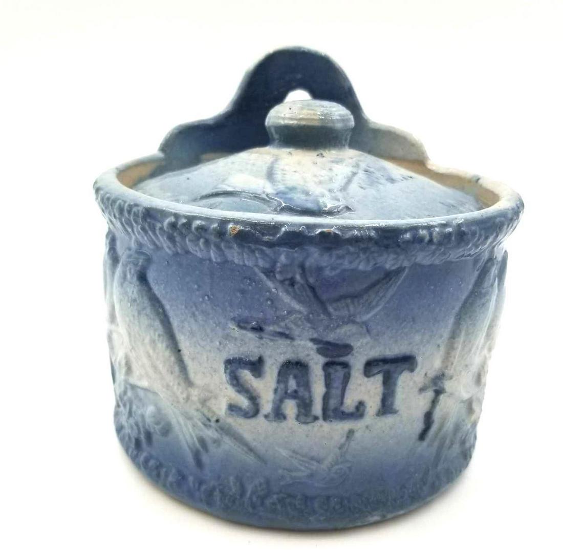Antique Love Birds Stoneware Salt Cellar: Antique Love Bird blue glazed stoneware pottery wall mounted salt cellar with an original matching lid. There is a chip on the underside of the lid, firing crack on the underside of the piece and one 