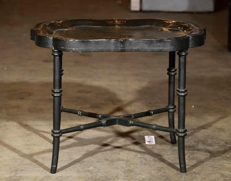 19th c. Chinoiserie Tray Table with mother-of-pearl: Stunning 19th c. Chinoiserie Tray Table inlaid with mother-of-pearl flowers and diamonds and hand-painted detailing on a black lacquered tray with faux gold detailing, and X-shaped stretcher legs. Sli