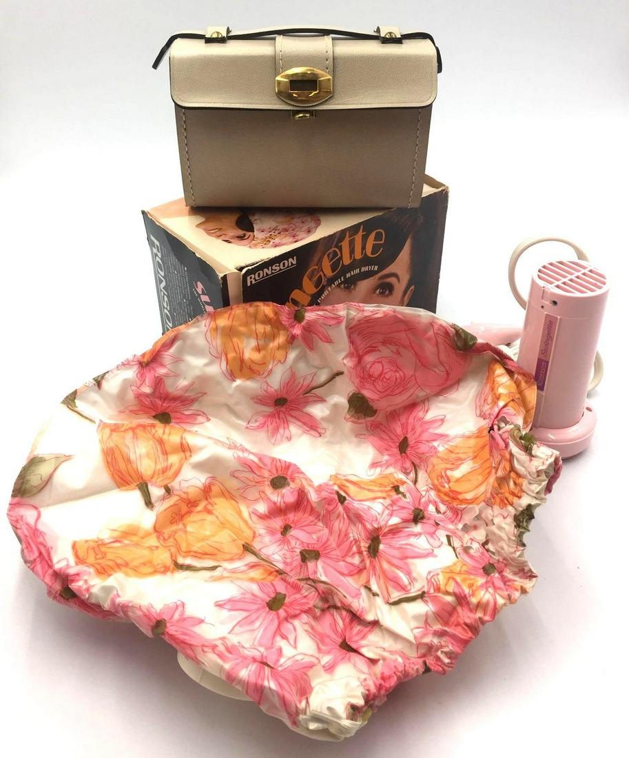 Ronson Swingette in Original Box: Ronson Swingette Deluxe, Portable Hair Dryer with compact leatherette case. 120 Volts AC, 60 cycles, 500 watts. Palms size Blower attaches directly to the hood.