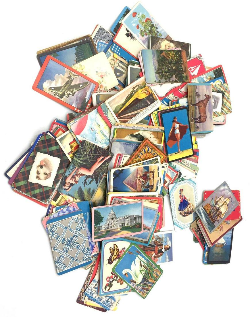 Box Lot of Rare, Vintage Salesman Samples of Playing: This lot contains a number of various salesman samples of playing cards. Hard to find old salesman sample playing cards, not a usable deck. Very unique pieces for the playing card collector. Cards are