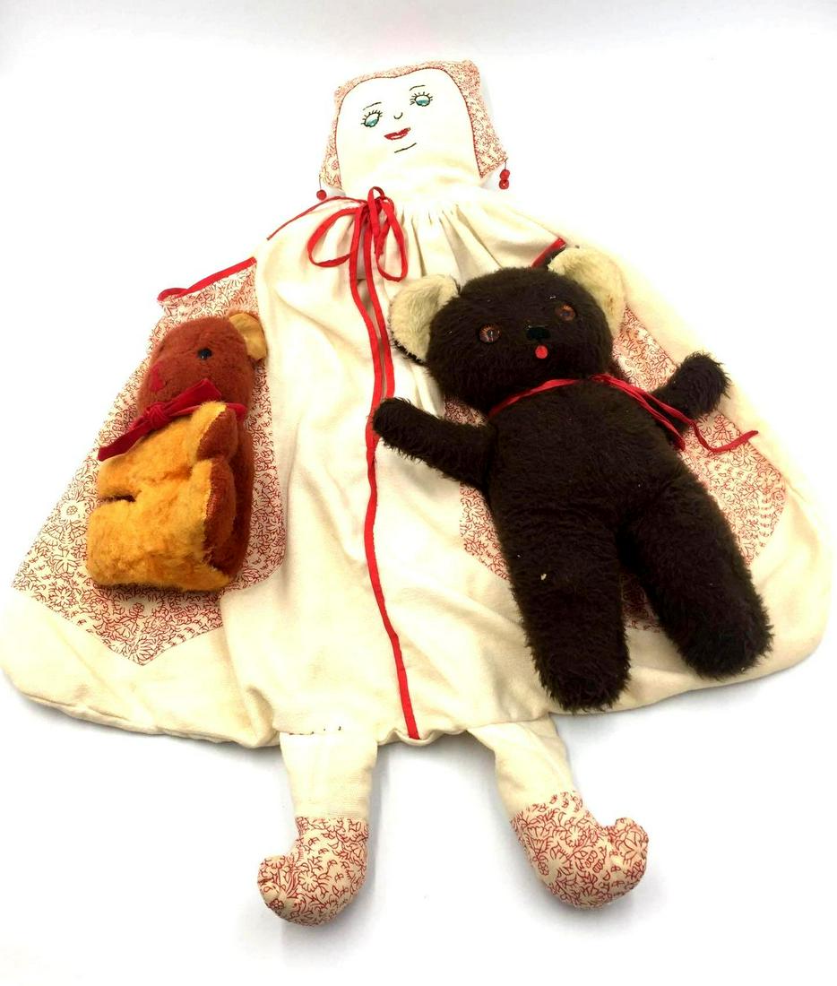 Vintage Plush Teddies & Doll: Set of three plush toys: A hand-sewn red and white stuffed doll of a girl/woman with two little beaded red earrings. She features a large carrying for other toys to be slipped into. A dark brown, medi