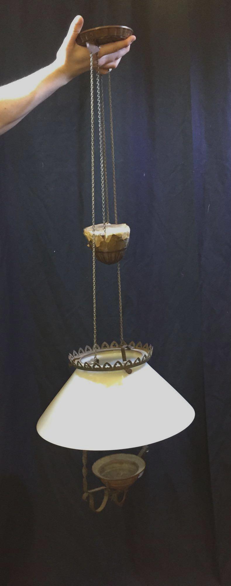 1870's Counter-Pulley Oil Chandelier: Antique hanging oil lamp with the counter-pulley system, Lomax style. Smoke bell, chimney, shade all nice condition. Has the original chain, bead weights, and oil pans. Nice condition, hard to find pi