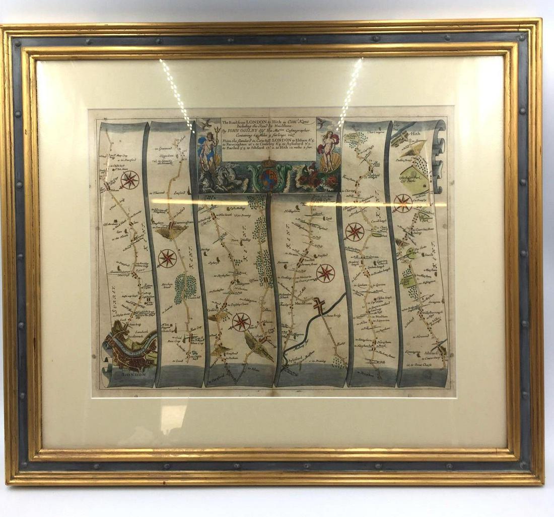 The Road From London to Hythe by John Ogilby c.1675: Actual title: "The Road From LONDON to Hith in Com Kent Including the Road by Maidstone. By JOHN OGILBY Esq.r His Ma.ties Cosmographer. Containing 69 Miles 4 furlongs viz.t" Plate number unknown. This