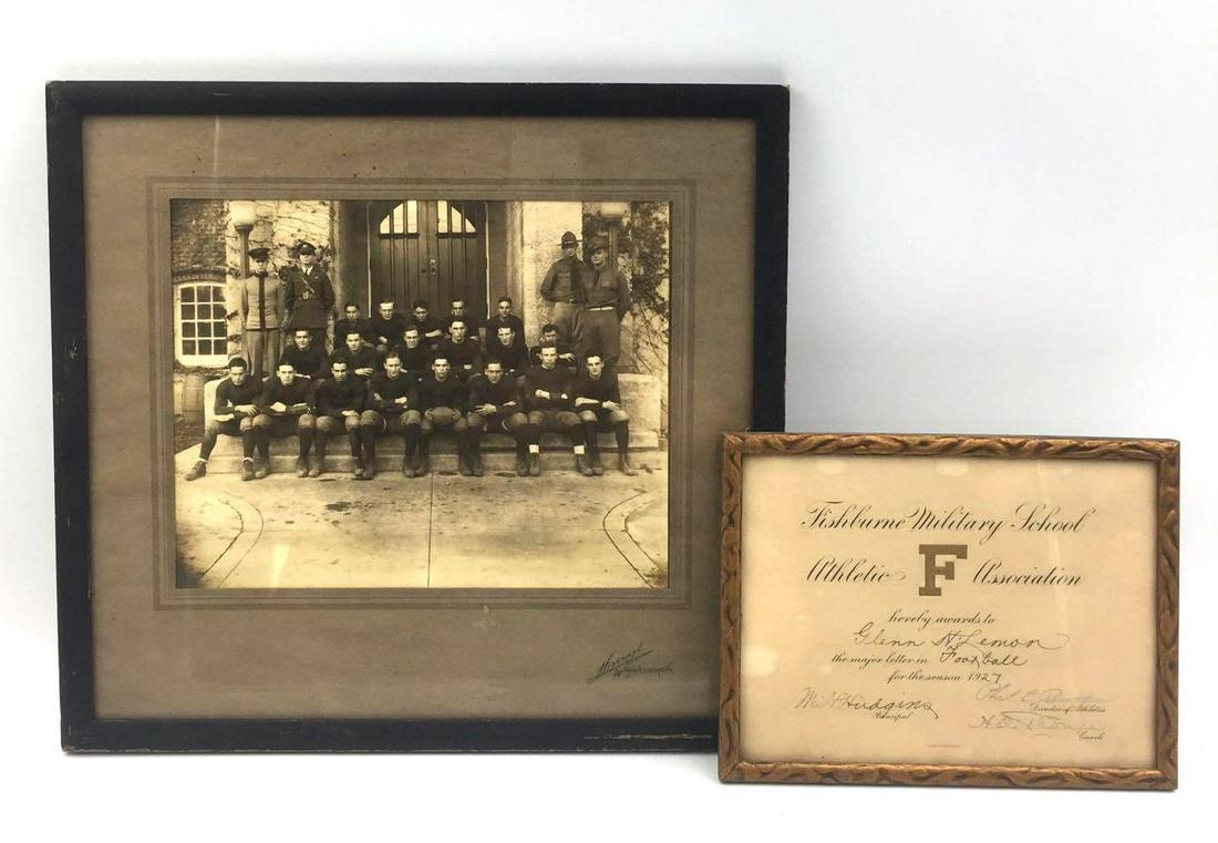 Fishbourne Military Academy Football Portrait &: Fishburne Military School Athletic Association certificate for Glenn Lemon dated 1927 (8.5"x6.5") Portrait of Glenn and fellow football teammates at Fishbourne Military Academy Waynesboro, VA. R.L. Hi