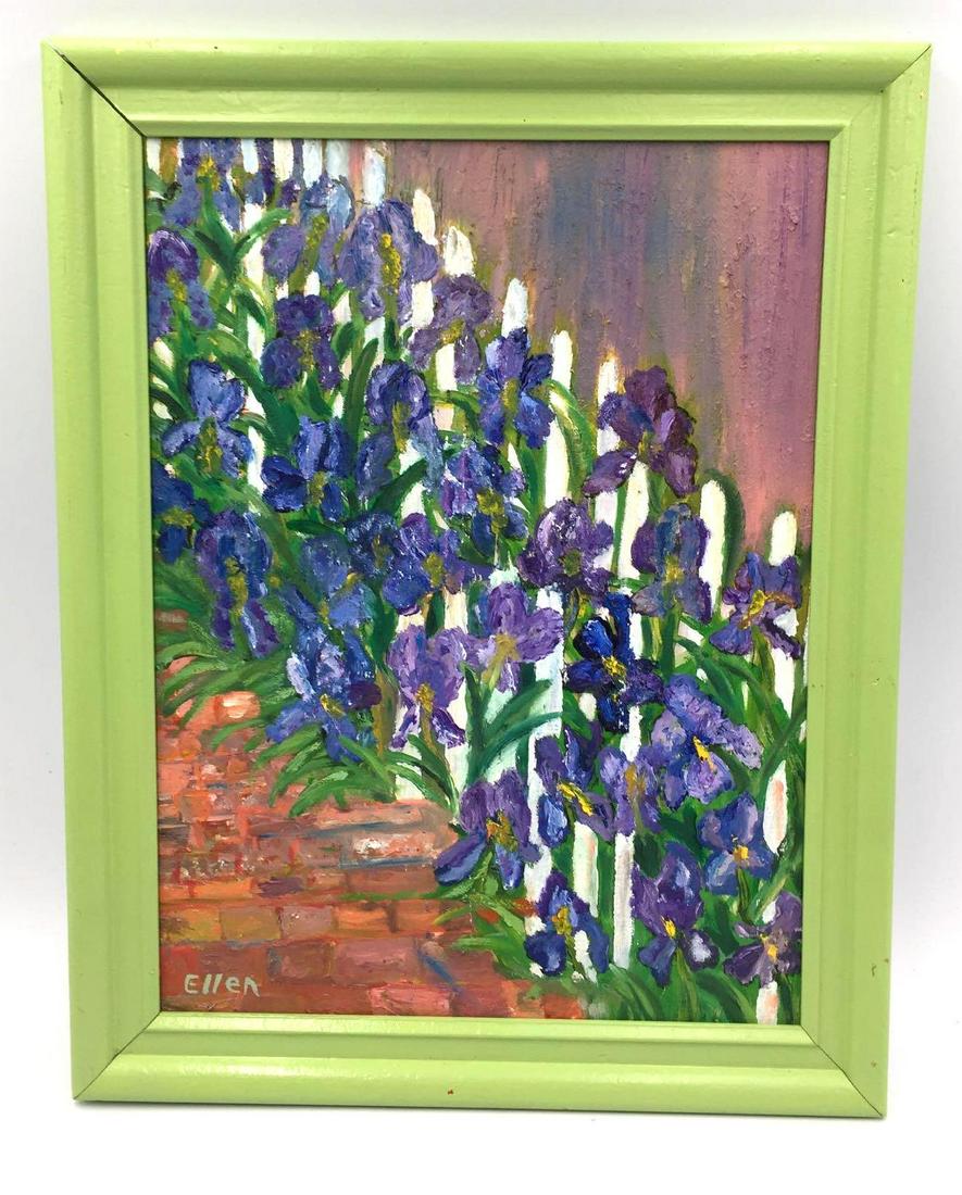 Original Impasto Acrylic Iris Piece: One-of-a-kind impasto acrylic painting. Features a Iris border garden. Comes in a simple green painted frame. Signed "Ellen" Width: 14.5 in Length: 18.5 in Height: 1 in