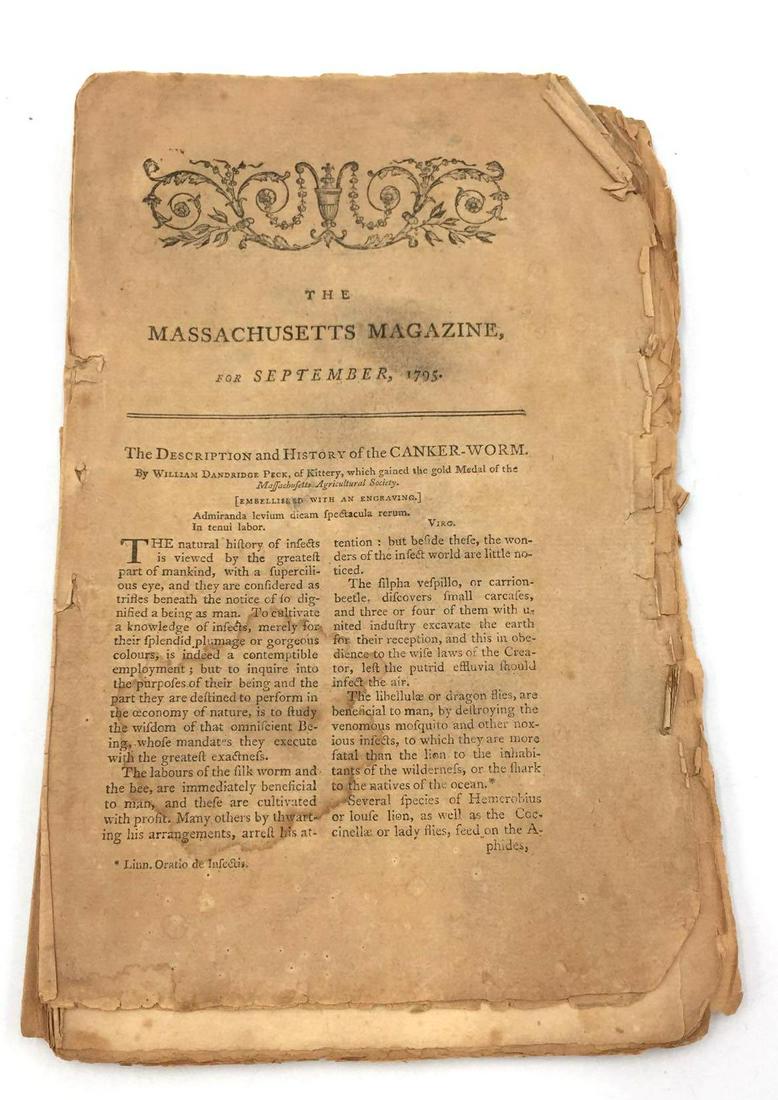 1795 Edition of The Massachusetts Magazine: The Massachusetts Magazine was published in Boston, Massachusetts, from 1789 through 1796. Also called the Monthly Museum of Knowledge and Rational Entertainment, it specialized in "poetry, music, bio
