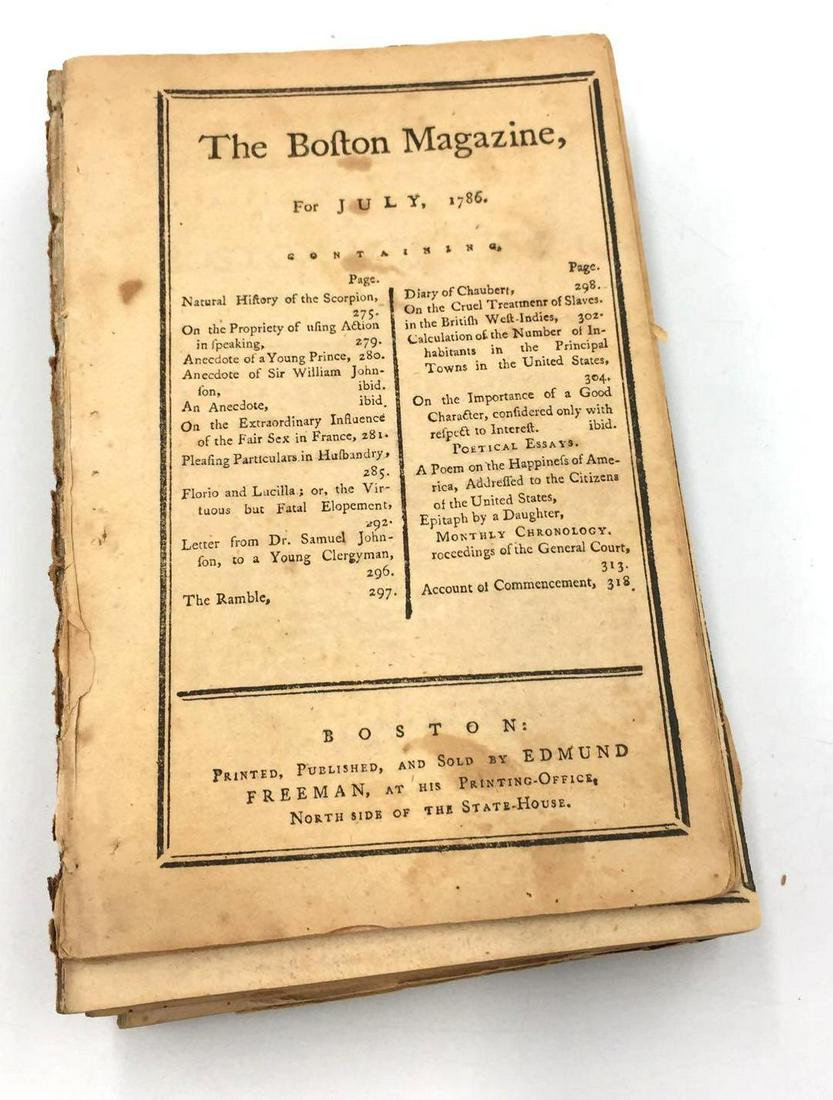 1786 Edition of the Boston Magazine: Boston Magazine (1783-1786) was produced in Boston, Massachusetts, in the 1780s. It originated from the efforts of "a society for compiling a magazine in the town of Boston;" the society consisted of 