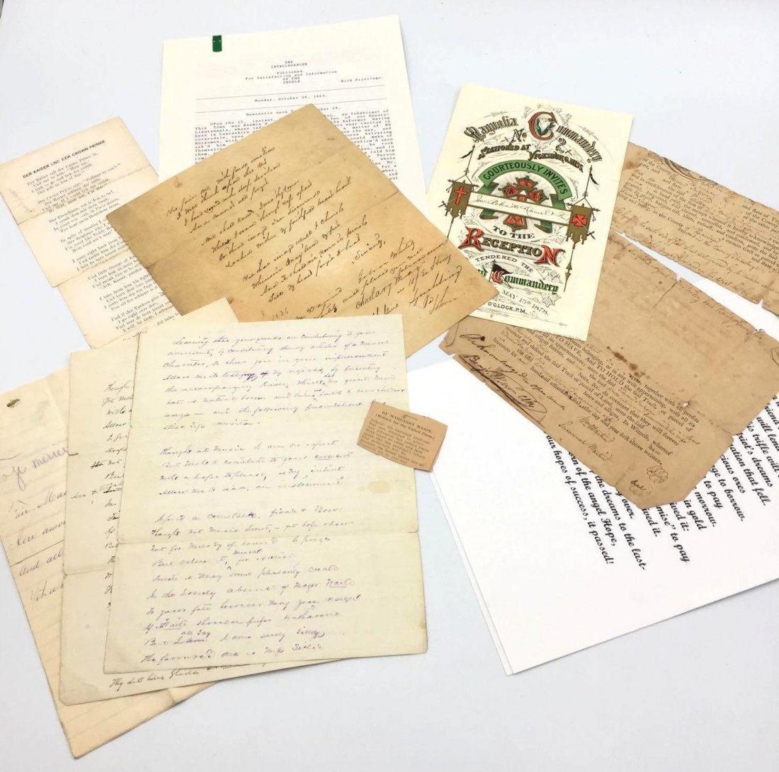 Lot of Handwritten/Printed Antique Documents & Articles: This lot includes several pieces: A typed transcription of "The Intellegencer" dated October 26th, 1663 A red, gold, green, and black colored pamphlet for the Vicksburg Mississippi Commandery Receptio