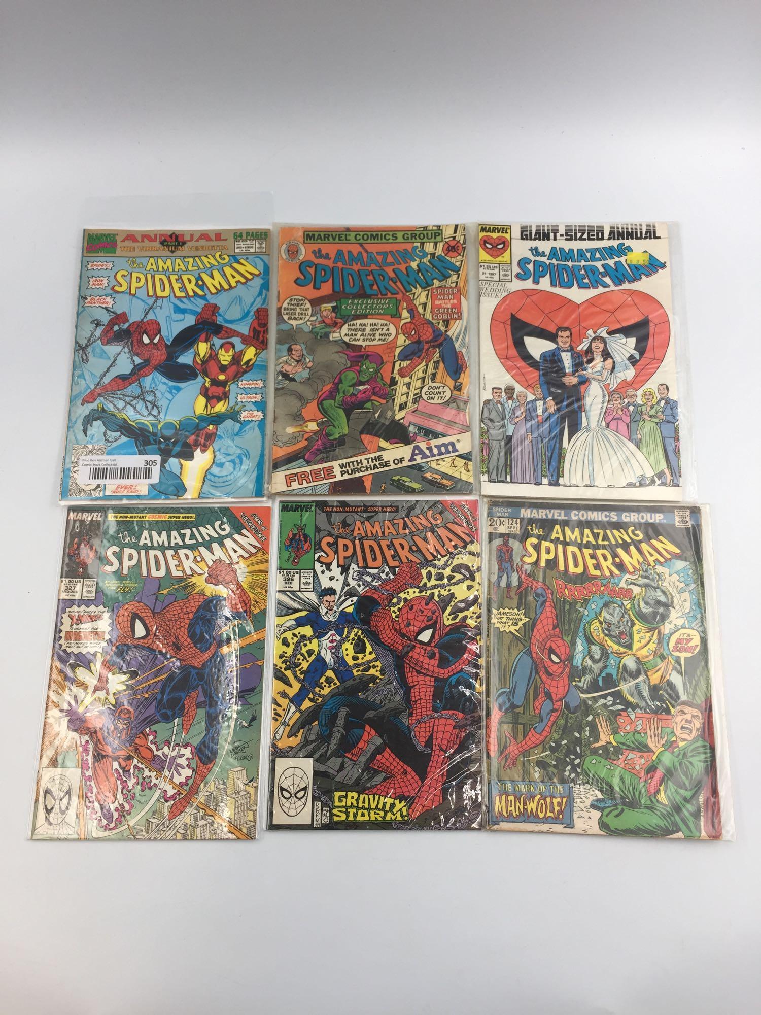 Amazing Spider-Man Bundle: 300's Series, Wedding, Aim: The Amazing Spider-Man #21 1987 Marvel Comics Cover Info: Special Wedding Issue - Giant Sized Annual The Amazing Spider-Man #124 Sep-73 Marvel Comics Cover Info: The Mark Of The Man-Wolf! The Amazing