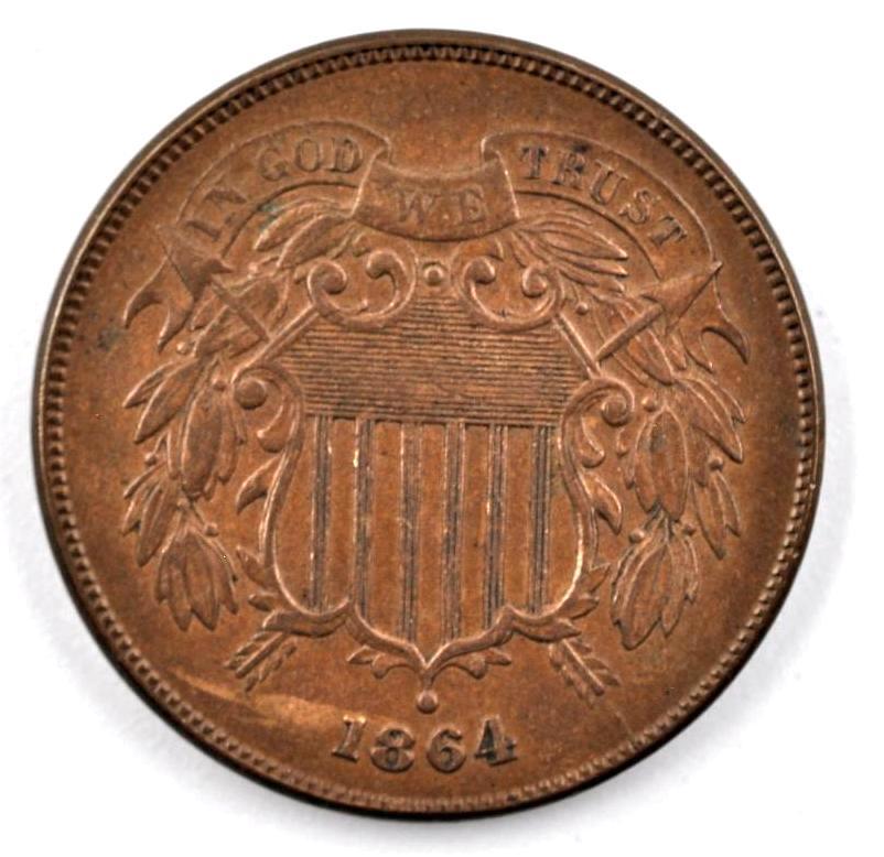 1864 Two Cent Coin - Rotated Reverse: 1864 Two Cent Coin - Large Motto version. The reverse side is rotated and off center. This is a mint error variety. Condition is MS please see the photos.