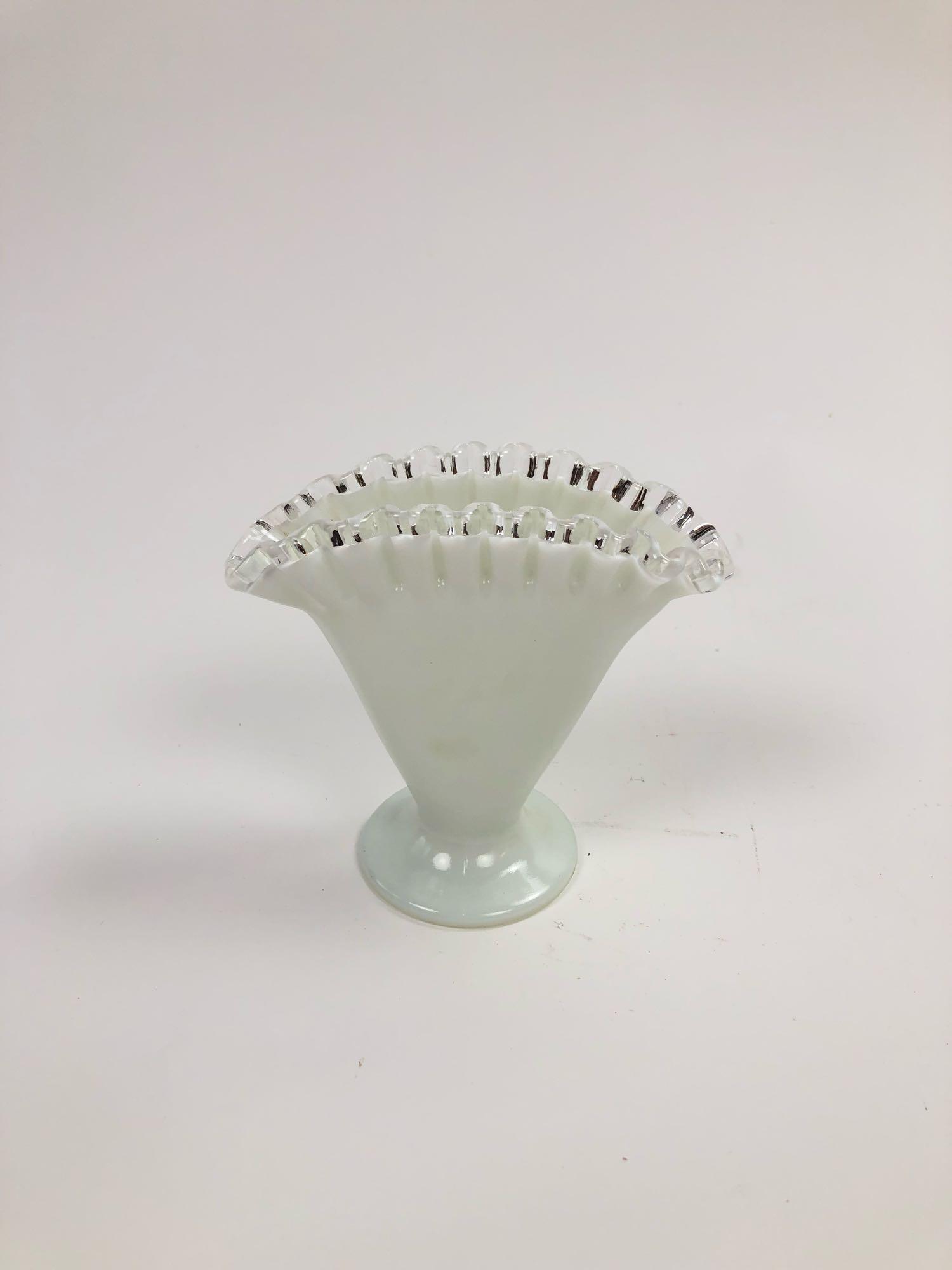 Miniature Fenton Milk Glass Crested Vase (1 of 4)