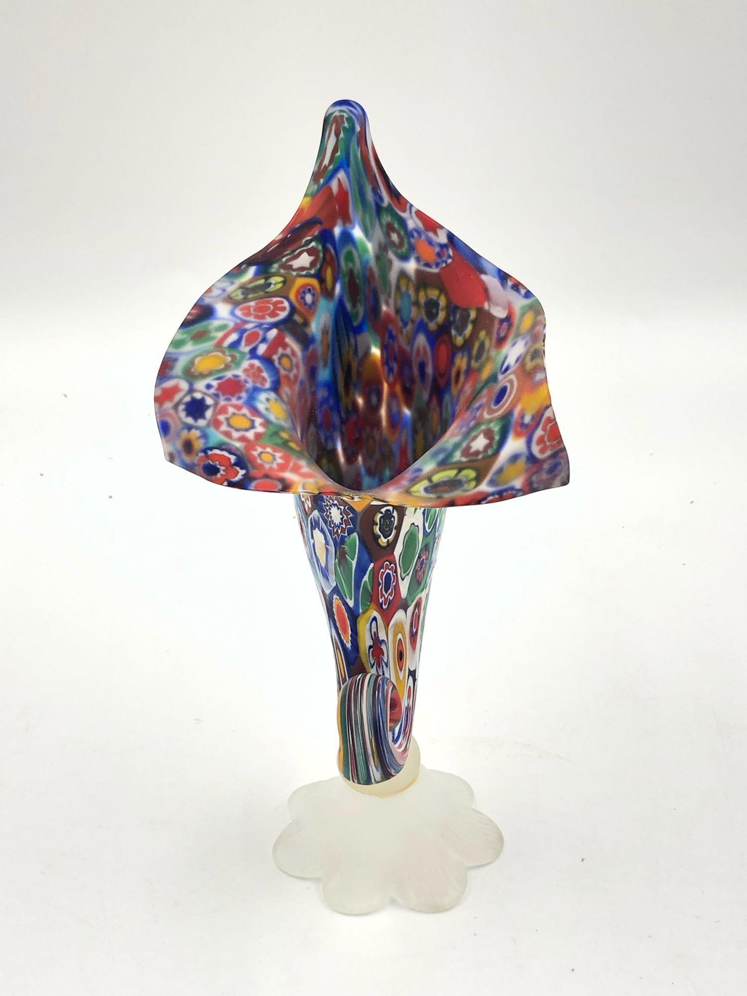 Murano Millefiori Horn of Plenty Vase in Blue: Murano Millefiori Horn of Plenty Vase in Blue Murano Millefiori Horn of Plenty vase design in blue. Vase stands 8" in height with a widest diameter of 4.5". These vases were hand-made, no two are exac