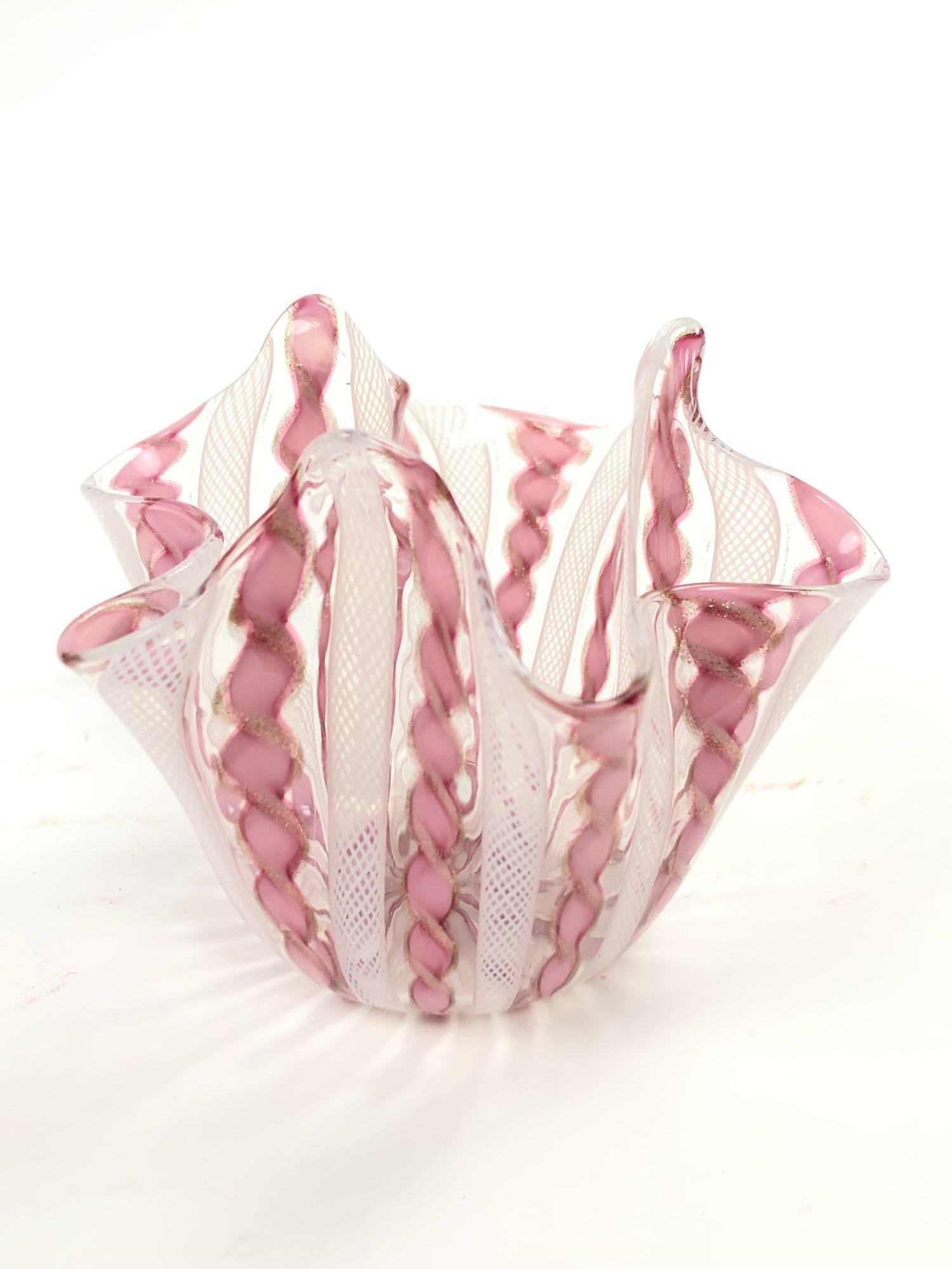 Mid Century Italian Murano Fazzoletto Dish: Mid Century Italian Murano Fazzoletto Dish Pink and white striped handkerchief dish hand blown. Measures 3 inches tall and 5 inches at top.