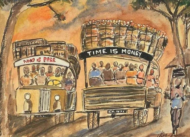 Unknown, Untitled African Street Buses: Unknown, Untitled African Street BusesOrigin: AfricaMedium: Watercolor on PaperDimensions: Frame: 9" x 11" Art: 6" x 8"Condition: ExcellentAdditional Information: Signed at the bottom right hand corne