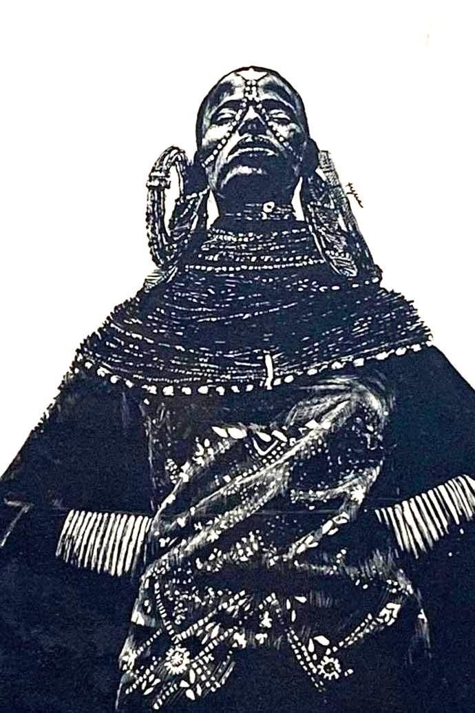 Unknown, Untitled Figurative Print: Unknown, Untitled Foil Art w/ AnchorMedium: LithographDimensions: Painting: 12" x 9"Condition: ExcellentPrint of an African Native in full traditional dress. The print is done in black and white and i