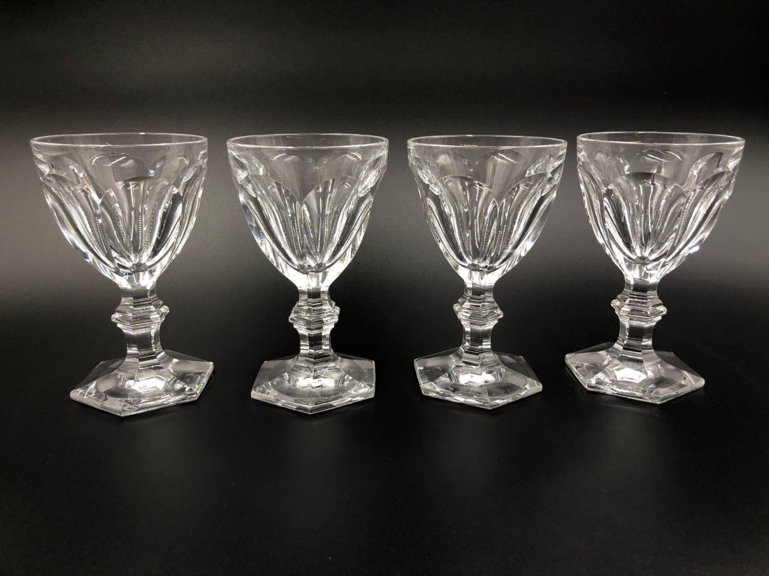 4 Baccarat Harcourt Red Wine Glasses: Set of 4 Harcourt 1841 style Baccarat crystal red wine glasses measuring 5.3 inches tall. Glasses are marked on the bottom "Baccarat FRANCE". See pictures for condition. Customers are always welcome t