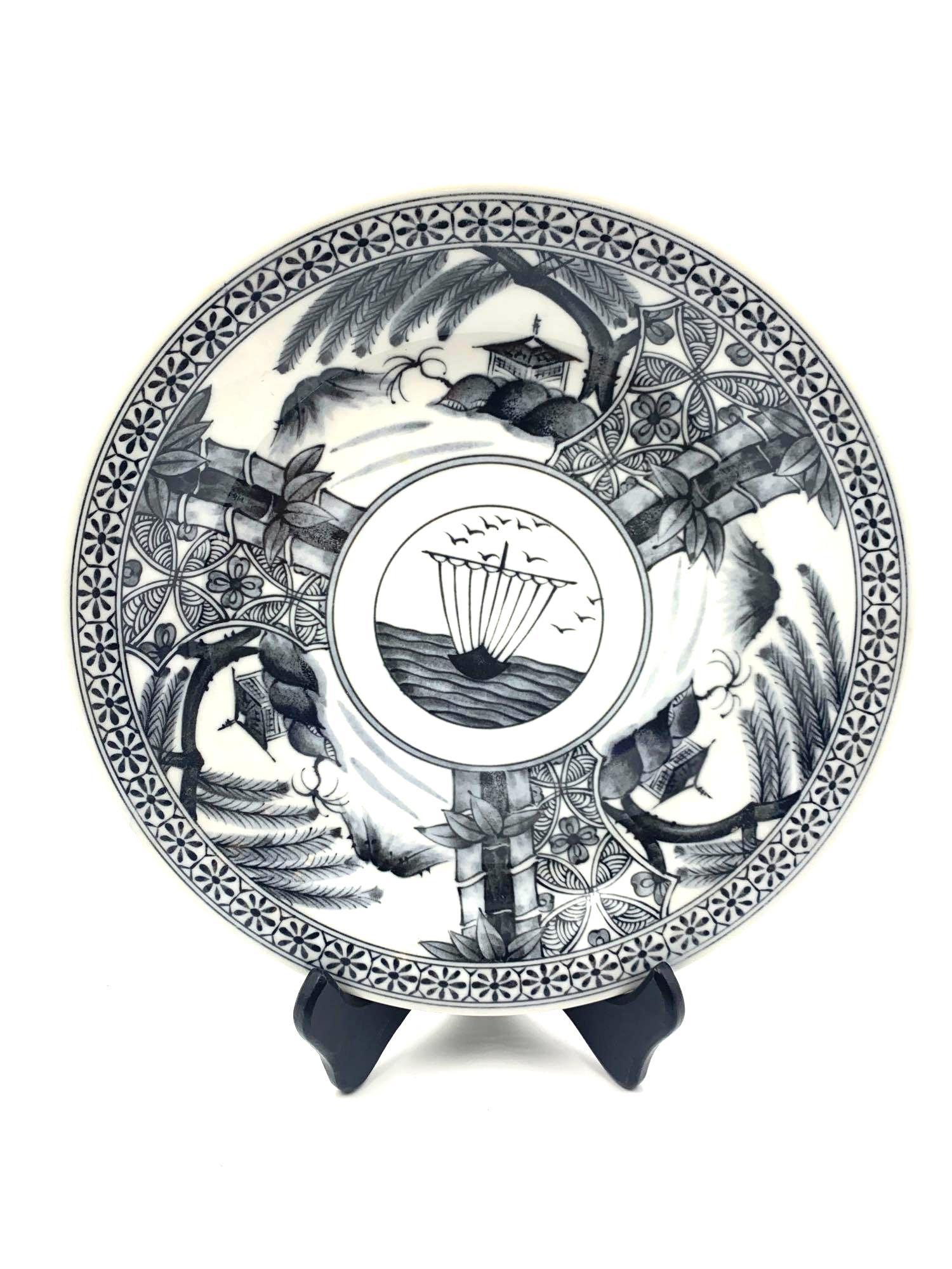 Black and White Porcelain Platter of a Boat: Black and White Porcelain Platter of a Boat with a Sail and Landscape Scene 11 Inches Around