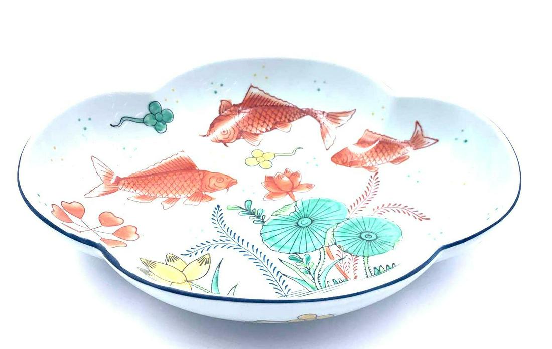 Porcelain Scalloped Platter with Fish Design: Porcelain Scalloped Platter with Fish Design Approximately 5 inches