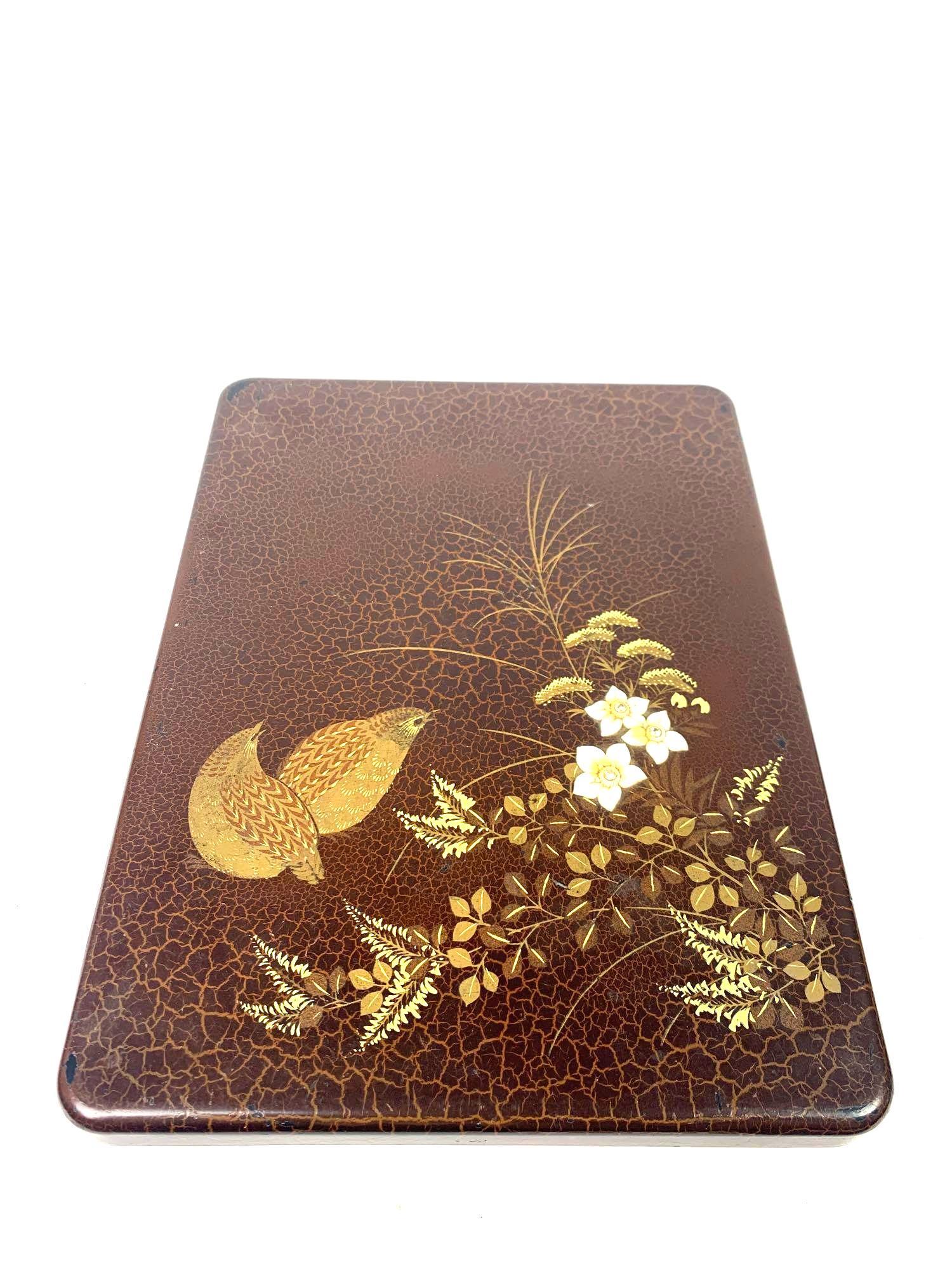 Lacquered Box with Lid Decorated with Birds: Browns Lacquered Box with Lid Decorated with Birds and Lacquered Flowers with Purple Gem Stones 11 X 9 inches
