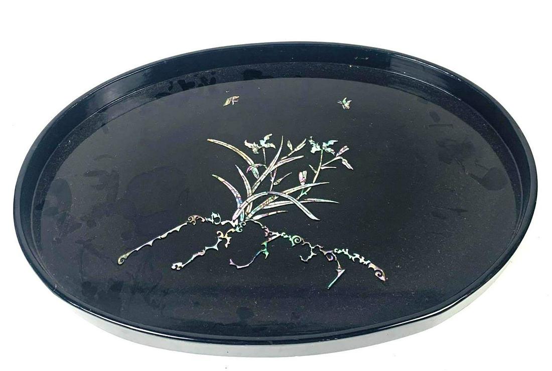 Black Lacquered Tray Decorated w/ Mother of Pearl (1 of 2)