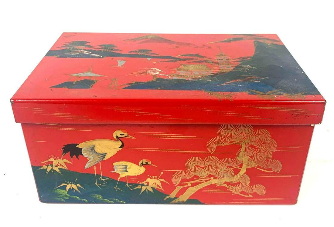 Japanese Red Box with Lid Decorated w/ a Landscape (1 of 5)
