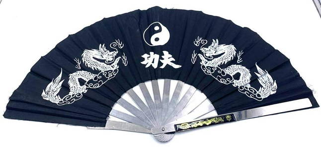 Chinese Black and White Hand Fan: Chinese Black and White Hand Fan Decorated with 2 Dragons and a Ying Yang. Fan is Held together with metal slats. 14 X 23