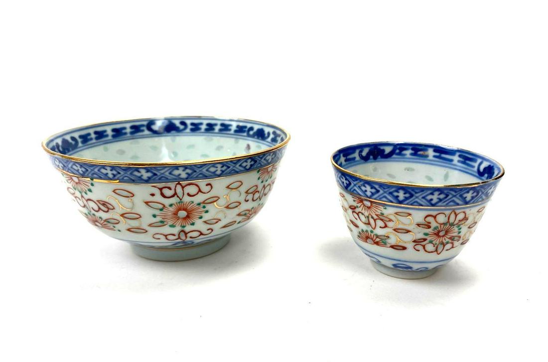 Chinese Porcelain Bowl and Tea Cup: Chinese porcelain bowl with matching tea cup. Floral pattern. Maker's mark on bottom. Bowl: 4.5in diameter x 2.25 high Cup: 2.25in diameter x 2in high.