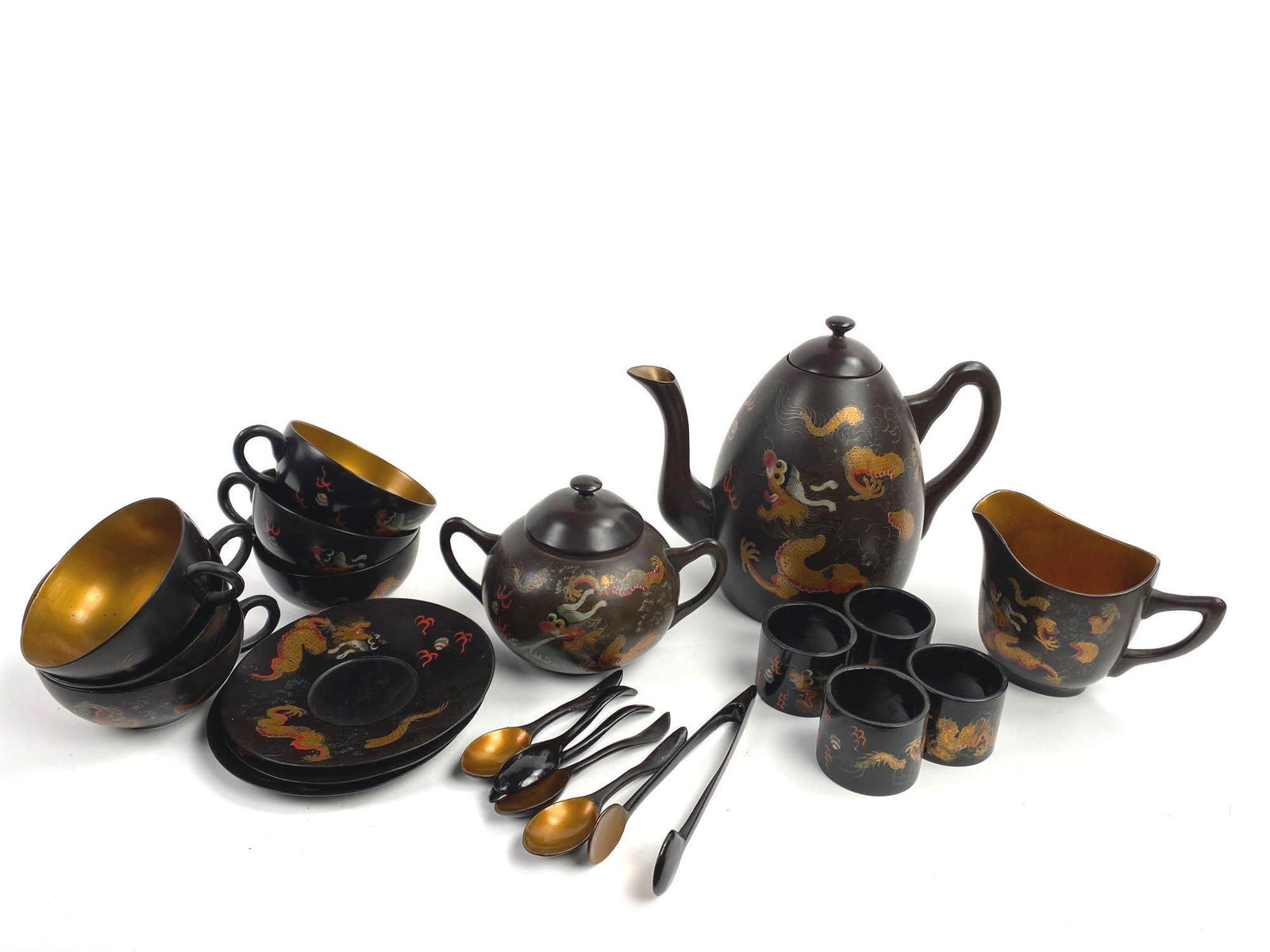 Dragon Black & Gold Lacquered Paper Mache Tea Set (1 of 3)