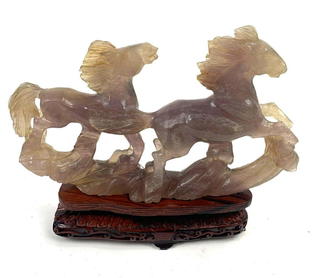 Chinese Soap Stone Horses Running with Stand: Chinese Soap Stone Horses Running with wooden Stand. Comes with original box. 9 X 7 inches