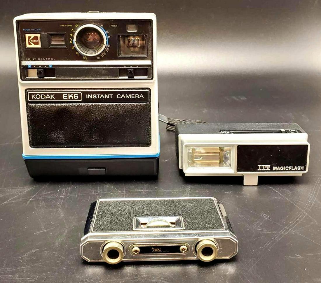 Kodak EK6 Camera and Focal Opera Glasses: This set includes one Kodak EK6 vintage camera from the 1970's, one ITT Magic flash camera attachment, and one Focal 20-20-15 foldable opera glasses. Camera in this set is 6 inches tall and 5 inches w