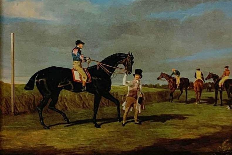 Horse Racing Print Titled Lottery: Print by John Fredrick Herring senior. Herring senior lived from 1795 to 1865. Herring senior was an artist and sign maker in Victoria England. Print is of horses and jockeys. Original print is from 1