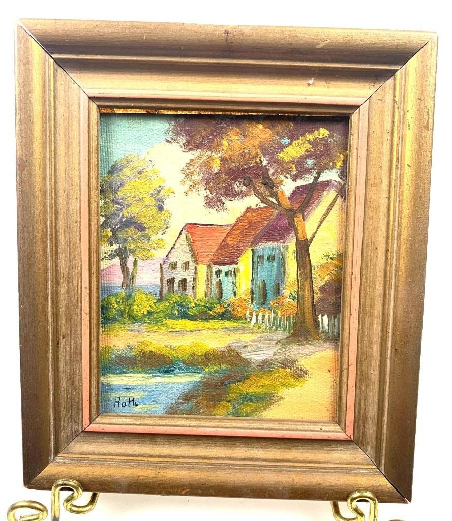 Carl Roth, Untitled Oil Painting of a Houses: Carol Roth, Oil Painting of a Houses Origin: American Medium: Oil Paint on Canvas Measurements: Frame 7X 6 Art: 5 X 4 Additional Information: Signed Small hand painted oil painting of three houses sit