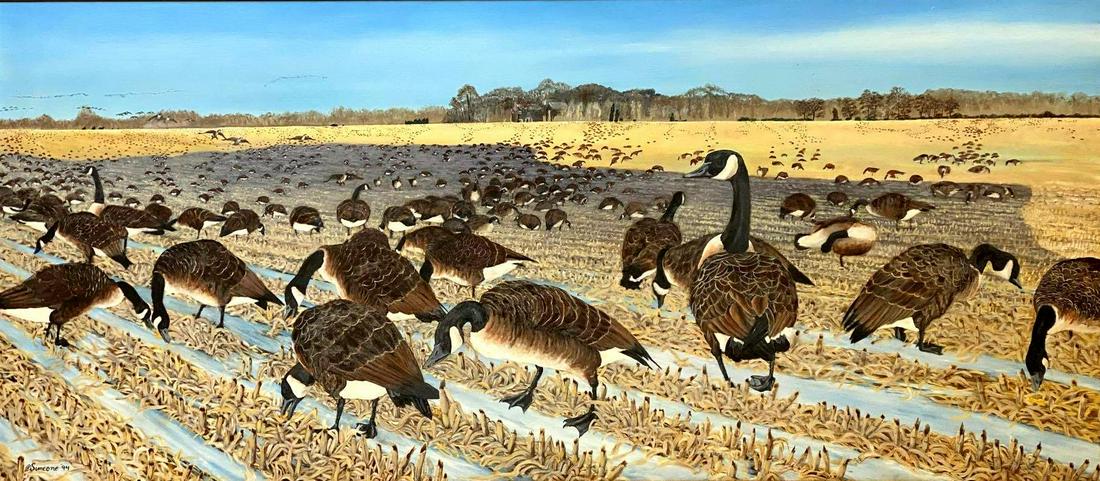 Herb Simeone (1941-2016), Geese at Quail Hill: Herb Simeone (1941-2016), Geese at Quail Hill Origin: American, 1994 Medium: Oil on Canvas Dimensions: Frame with Art 33" X 72" Condition: Excellent Additional Information: Signature and date on the b
