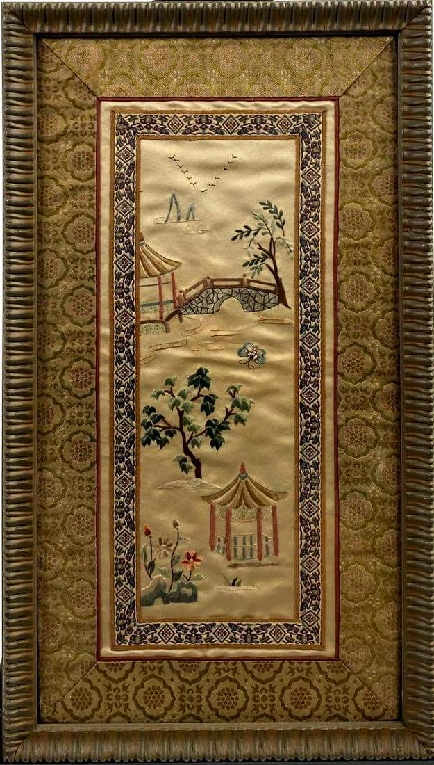 Silk Needle Point of a Landscape: Silk Needle Point of a Landscape Origin: East Asia Medium: Embroidery Dimensions : 6 x 14 in; 10 x 18 in Condition: Very Good Additional Information: Vintage embroidery scene depicting garden.