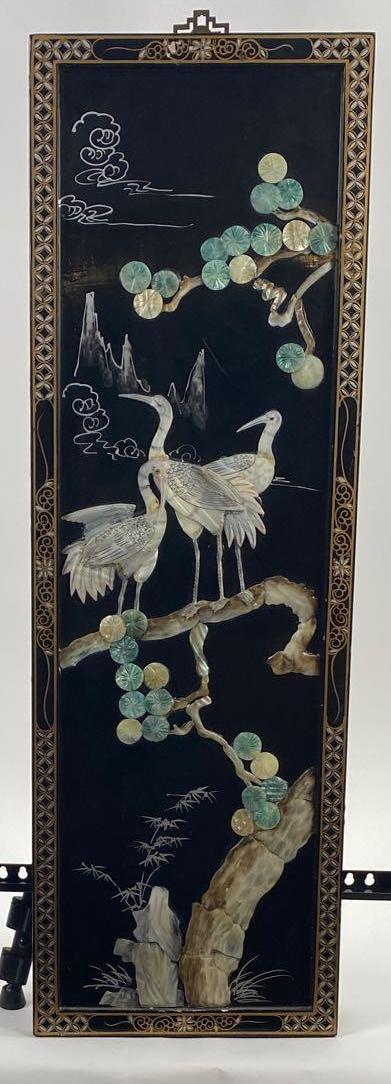 Lacquered Panel of Cranes: Lacquered Panel of Cranes Origin: East Asian Medium: Lacquered and Colored Soapstone Relief Panel. Dimensions : 12 x 36 in Condition: Good Additional Information: Cranes on tree.