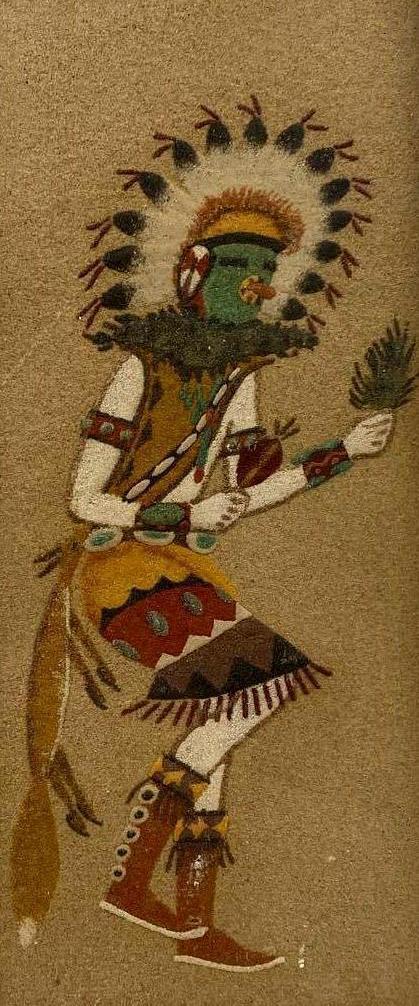 Jim Piles, Yei be Chai: Jim Piles, Yei be Chai Origin: American, 1979 Medium: Sand Painting Dimensions: 6 x 17 in; 10 x 21 in Condition: Excellent Additional Information: Natural color sand.