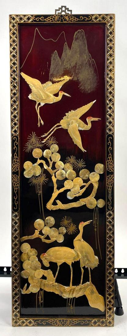 Lacquered Panel of Cranes and Trees: Lacquered Panel of Cranes and Trees Origin: East Asian Medium: Lacquered and Colored Soapstone/Mother of Pearl Inlay Panel. Dimensions : 12 x 36 in Condition: Very Good Additional Information: Flying 