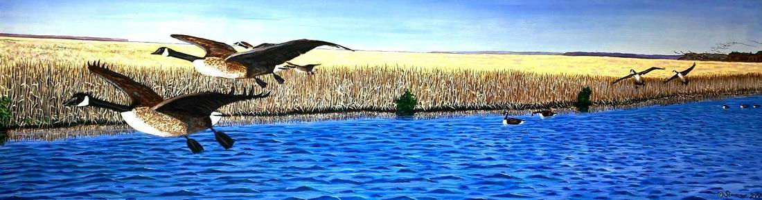 Herb Simeone (1941-2016), Geese: Herb Simeone (1941-2016), Geese Origin: American, 2006 Medium: Oil on Canvas Dimensions: Frame with Art 25" X 95" Condition: Excellent Additional Information: Signature and date on bottom right. Lan