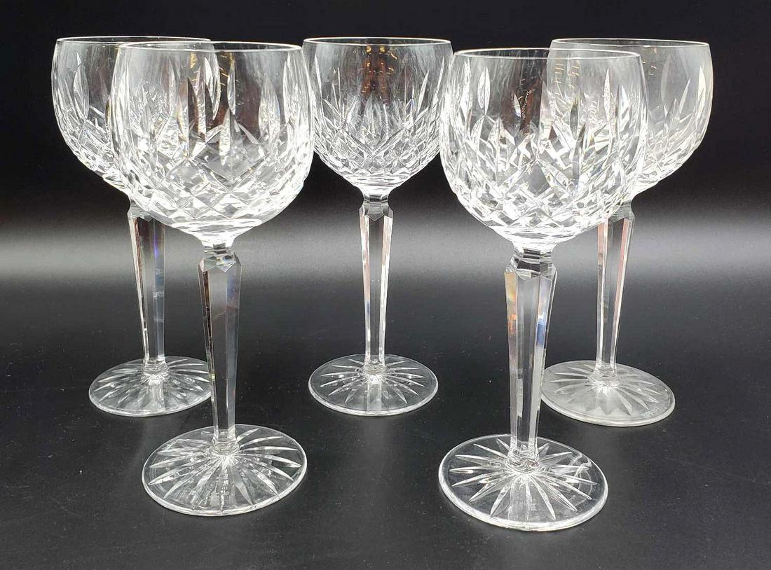 Waterford Crystal Balloon Wine Goblets: 5 Crystal balloon wine goblets made by Waterford, believed to be the Lismore design by Waterford. Each goblet is 7.5 inches tall with a 2.75 inch in rim diameter.