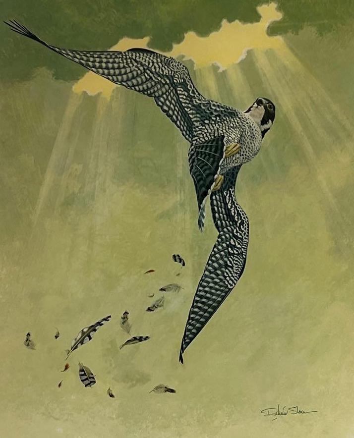 Richard Sloan, Peregrine Falcon: Print created by Richard Sloan of a Peregrine falcon flying through a green sky with sunlight breaking through the clouds. Feathers fall below the falcon. Piece maybe signed by artist. Print is framed