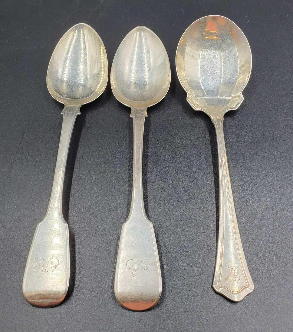 Sterling Silver Spoons: 3 Sterling silver spoons, 2 spoons are made by Sarah and John William Blake and 1 is made by Paul-Gale-Greenwood Company. The 2 Blake spoons are 9 inches long, the Greenwood spoon is 8.5 inches long,