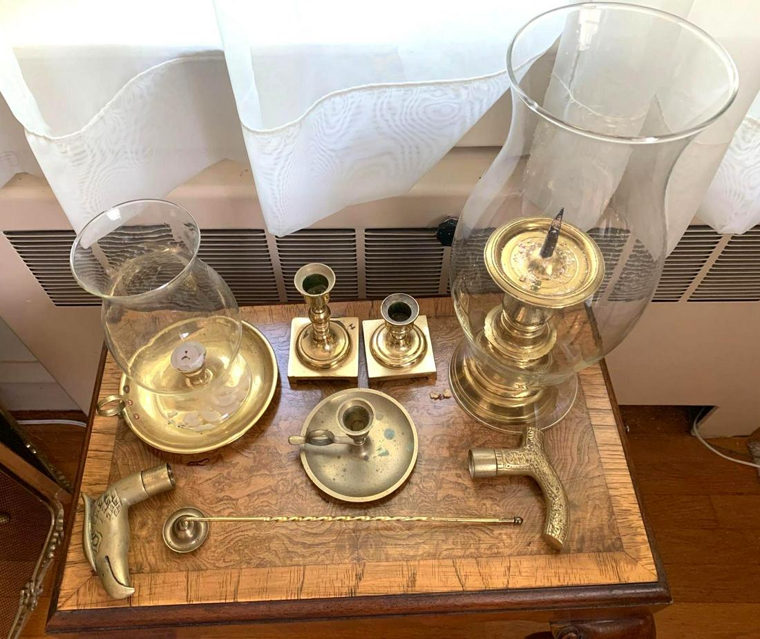 Brass Candlesticks: Brass items containing candlesticks with glass shades, cane handles, and candle snuffer. ** Notice: This lot is located, in Hampton, Virginia. It requires pickup, in Hampton - only on June 13th and 14