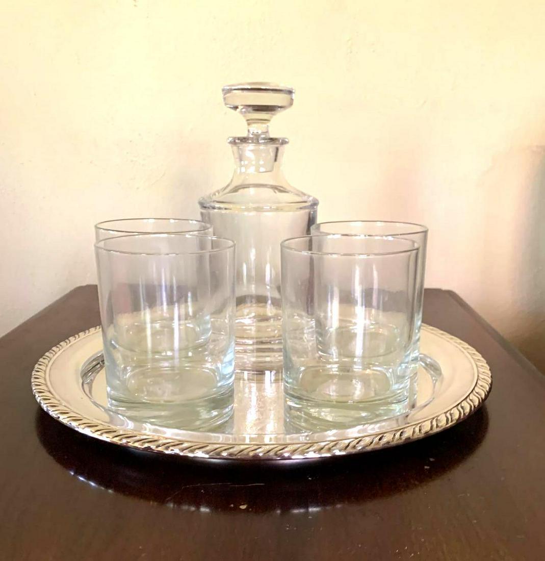 Decanter Set & Silver-plate Tray: Glass decanter set with four lowball glasses and one 12 inch silver-plate tray. ** Notice: This lot is located, in Hampton, Virginia. It requires pickup, in Hampton - only on June 13th and 14th, betwe
