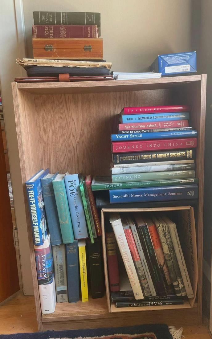 Bookshelf with Assorted Books: Wooden bookshelf which includes over 30 books. Shelf measures 24 inches long, 9 inches wide, and 36 inches tall. ** Notice: This lot is located, in Hampton, Virginia. It requires pickup, in Hampton - 