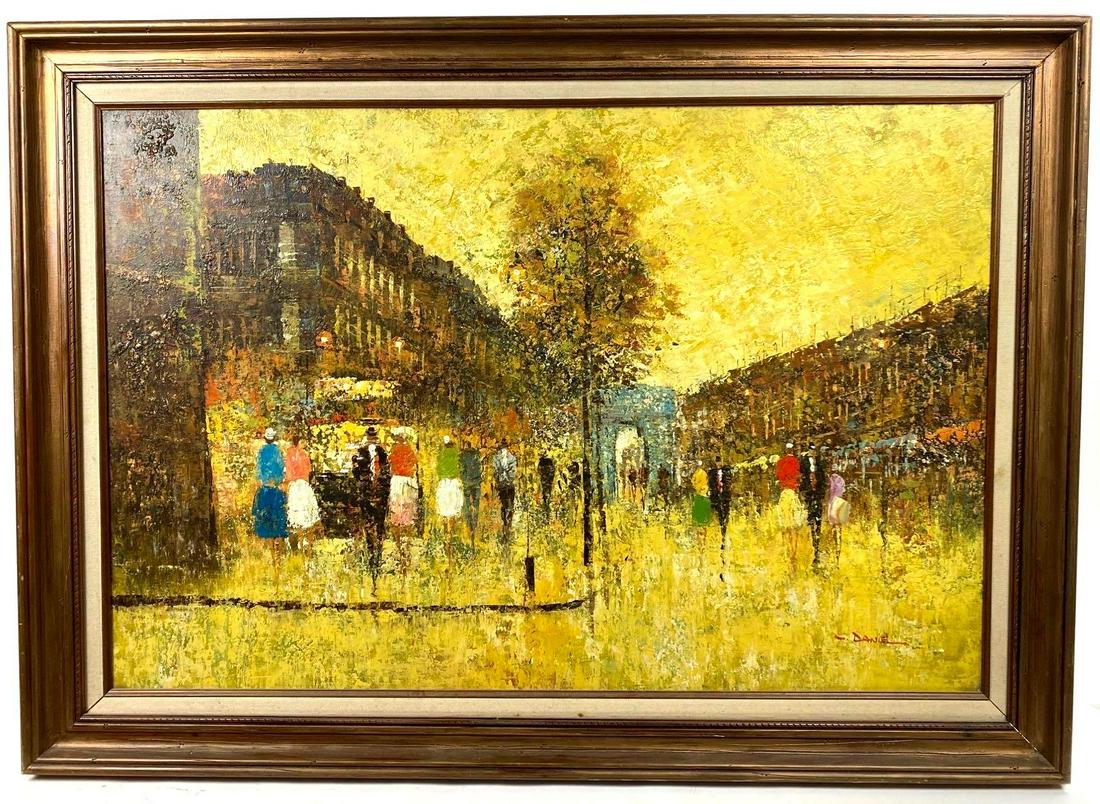 C. Daniel Paris Street Scene Oil: C. Daniel, Paris Street Scene Medium: Oil on Canvas Dimensions: Art: 24 x 36 Frame: 32 x 42 Condition: Excellent Additional Information: Large Mid-century painting of Paris street scene. Signature is 