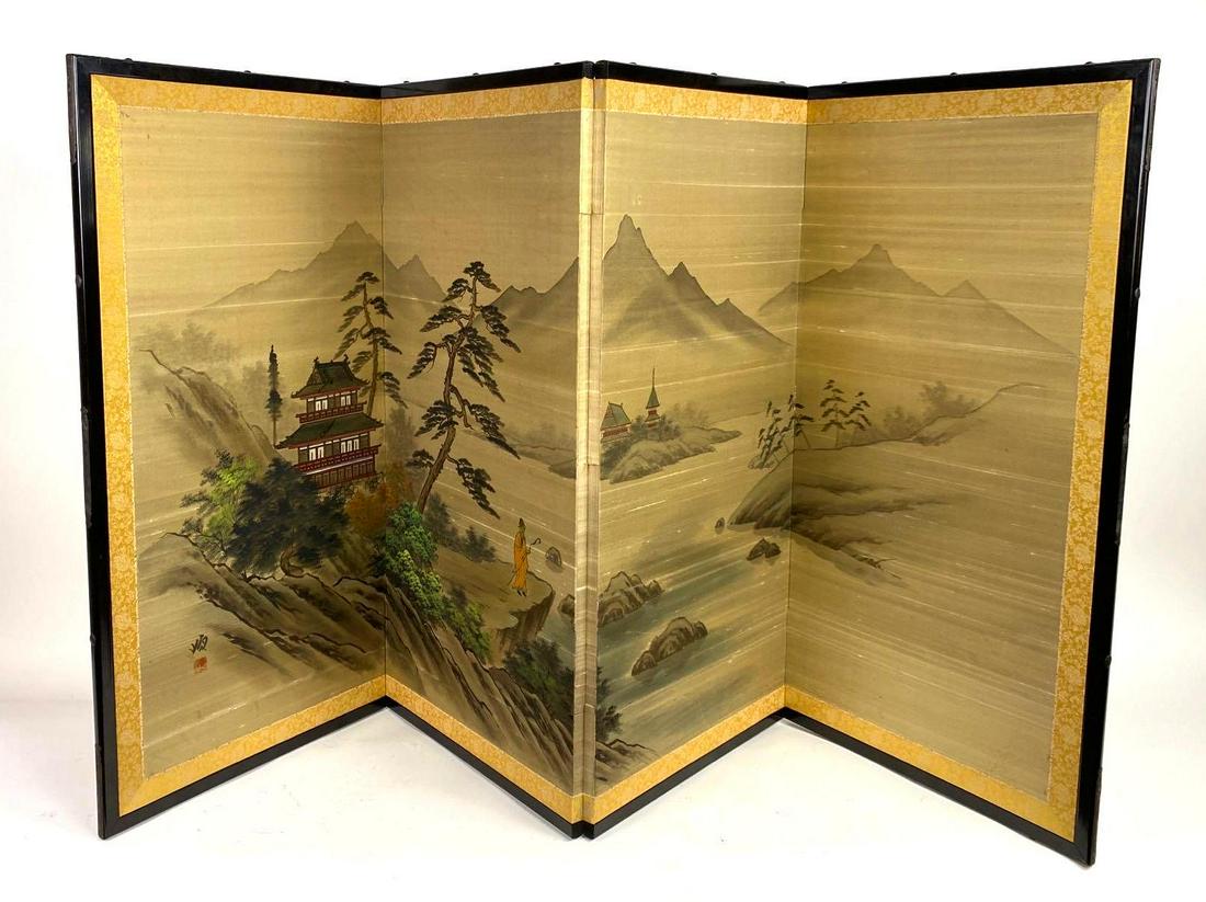 Japanese Folding Screen: Japanese folding screen depicting a temple amidst a landscape scene. 36 inches by 72 inches. Very good condition.