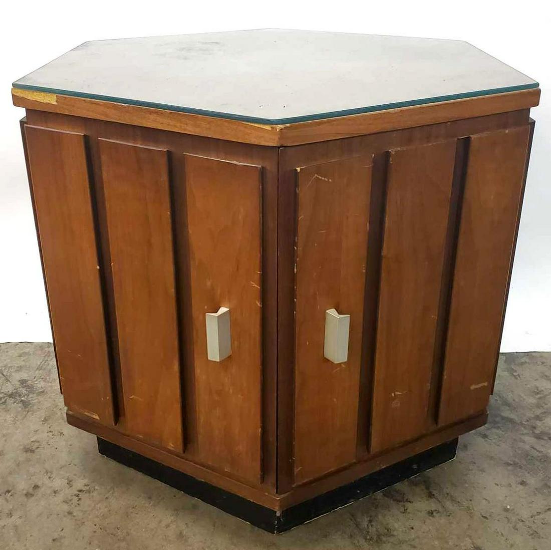 Hexagon End Table: Hexagonal end table with glass top and 2 doors. Approximately 22 inches tall and 23 inches long and deep