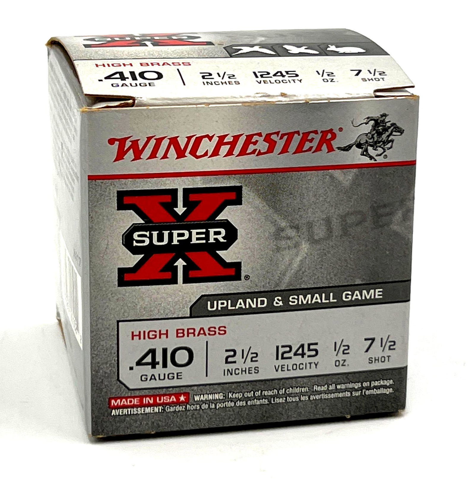 Winchester Ammunition Box: Box of Winchester Super X High Brass Shot Gun Shells. Each round is 410 gauge, 2.5 inches. Dimensions: 2.5x2.5x2.5 inches Weight: 521.45g