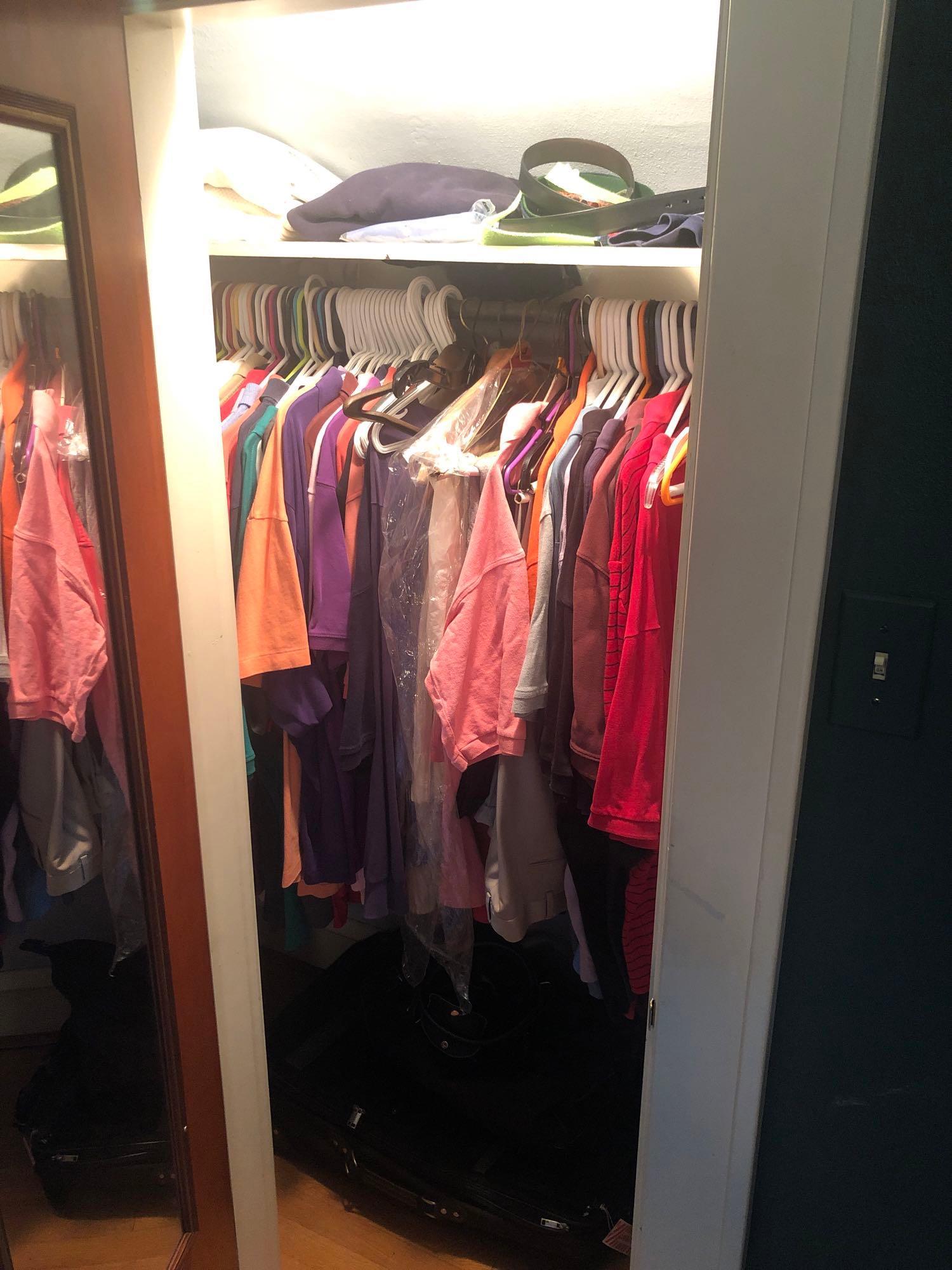 Contents of Closet: lot to include contents of closet including mens clothes with brands such as Ralph Lauren, Nautica, Montego Bay and others. Closet also contains various mens belts ties and luggage. ** Notice: This lo